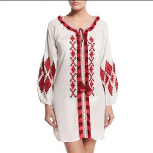 Figue Tula Embroidered Pink Tassel tie white long sleeve Dress XS
